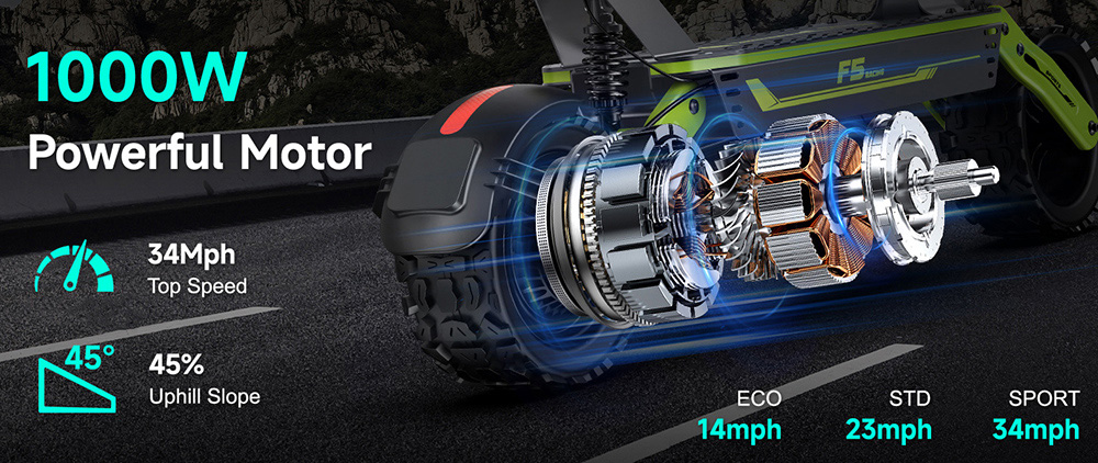 GOKEEP F5 Electric Scooter, 1000W motor, 52V 20Ah batéria, 11 palcové pneumatiky, max. rýchlosť 55 km/h, max. dojazd 80 km, predné a zadné kotúčové brzdy, predné a zadné hydraulické odpruženie - zelená