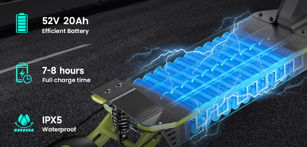 GOKEEP F5 Electric Scooter, 1000W motor, 52V 20Ah batéria, 11 palcové pneumatiky, max. rýchlosť 55 km/h, max. dojazd 80 km, predné a zadné kotúčové brzdy, predné a zadné hydraulické odpruženie - zelená