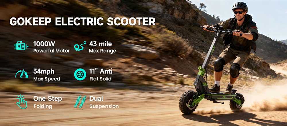 Elektrická kolobežka GOKEEP F5, 1000W motor, 52V 20Ah batéria, 11-palcové pneumatiky, max. rýchlosť 55 km/h, max. dojazd 80 km, predné a zadné kotúčové brzdy, predné a zadné hydraulické odpruženie - červená