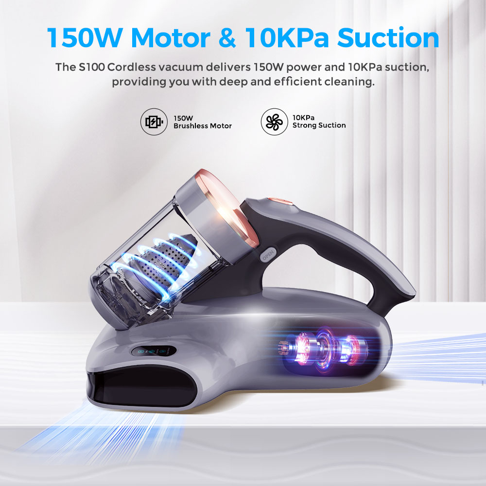 JIGOO S100 Bezdrôtový vysávač matracov, Dual-Cup filtrácia, 10 000Pa sanie, 150W bezkefový motor, 80 000/min poklep, UV-C &; 55&deg;C horúci vzduch sterilizácia