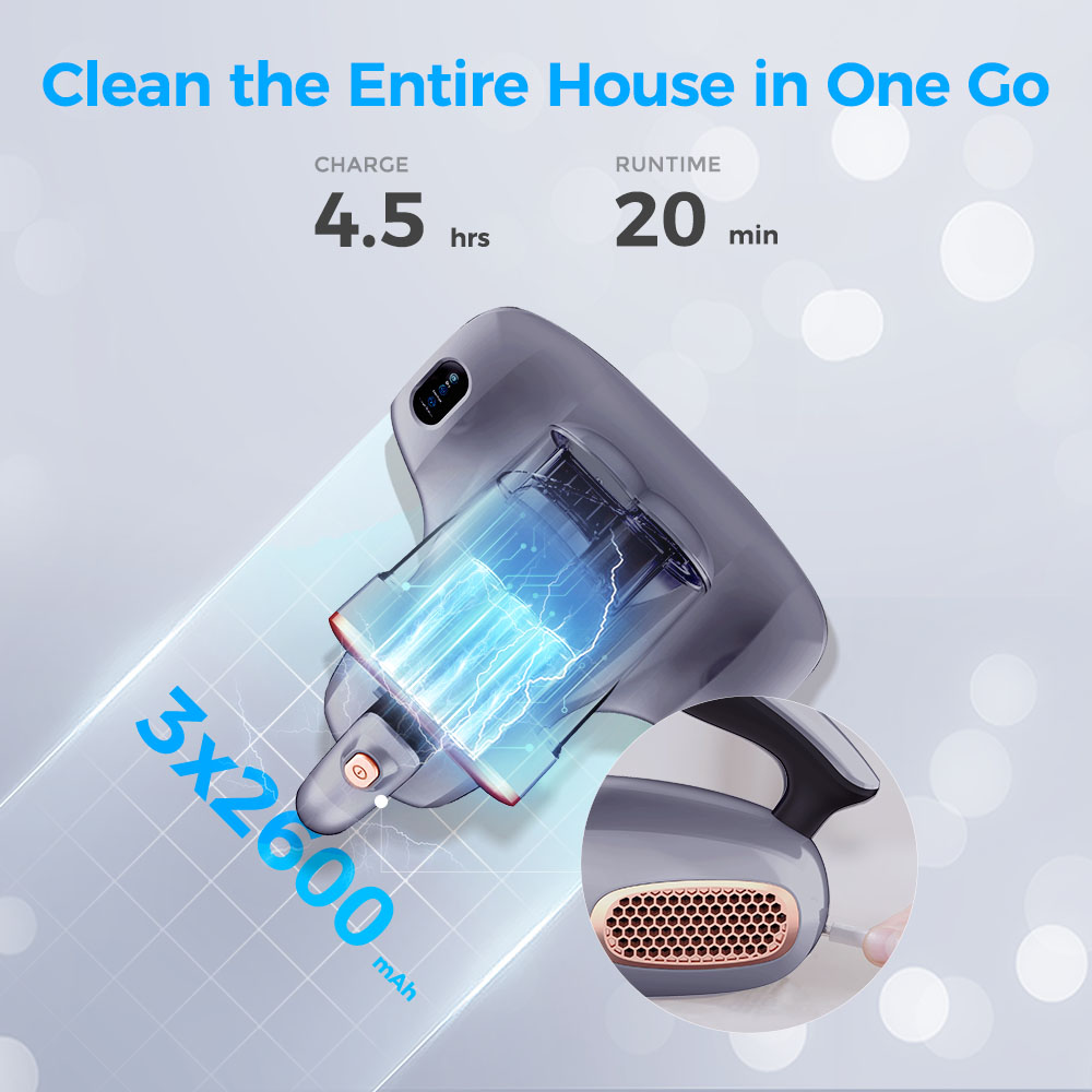 JIGOO S100 Bezdrôtový vysávač matracov, Dual-Cup filtrácia, 10 000Pa sanie, 150W bezkefový motor, 80 000/min poklep, UV-C &; 55&deg;C horúci vzduch sterilizácia