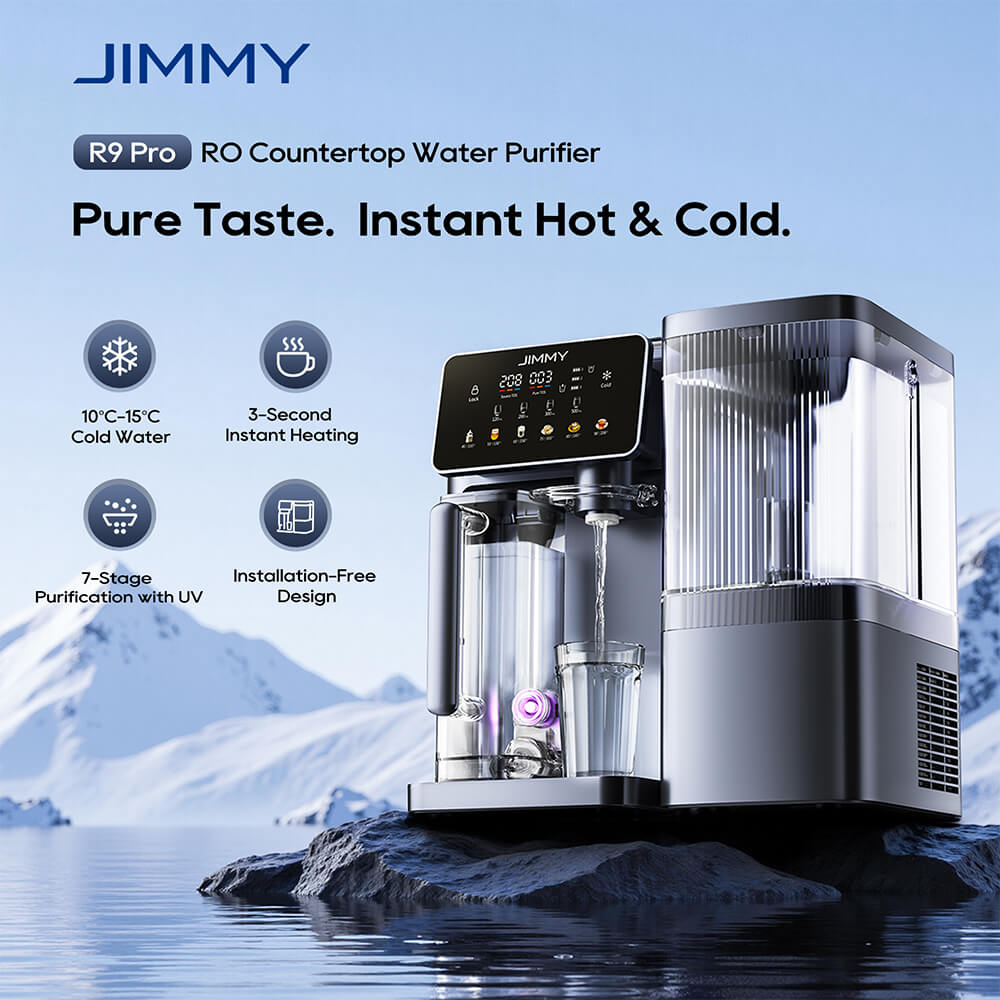Purificateur d'eau intelligent &agrave; osmose inverse JIMMY R9 Pro, &agrave; poser sur le comptoir&nbsp;: filtration en 7 &eacute;tapes, st&eacute;rilisation UV, r&eacute;servoir de 5,5&nbsp;L et deux carafes de 1&nbsp;L, eau chaude et froide instantan&eacute;es, &eacute;cran tactile LED.