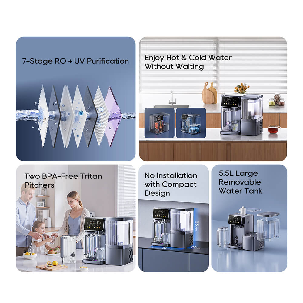 Purificateur d'eau intelligent &agrave; osmose inverse JIMMY R9 Pro, &agrave; poser sur le comptoir&nbsp;: filtration en 7 &eacute;tapes, st&eacute;rilisation UV, r&eacute;servoir de 5,5&nbsp;L et deux carafes de 1&nbsp;L, eau chaude et froide instantan&eacute;es, &eacute;cran tactile LED.