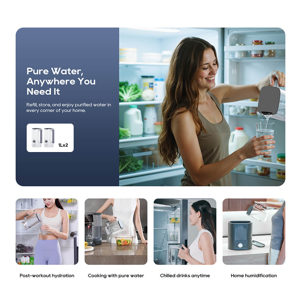 Purificateur d'eau intelligent &agrave; osmose inverse JIMMY R9 Pro, &agrave; poser sur le comptoir&nbsp;: filtration en 7 &eacute;tapes, st&eacute;rilisation UV, r&eacute;servoir de 5,5&nbsp;L et deux carafes de 1&nbsp;L, eau chaude et froide instantan&eacute;es, &eacute;cran tactile LED.