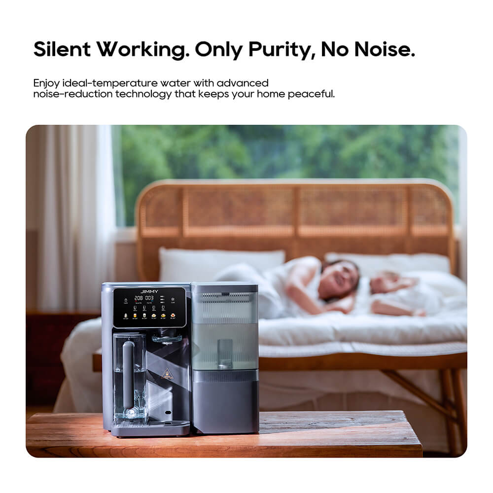 Purificateur d'eau intelligent &agrave; osmose inverse JIMMY R9 Pro, &agrave; poser sur le comptoir&nbsp;: filtration en 7 &eacute;tapes, st&eacute;rilisation UV, r&eacute;servoir de 5,5&nbsp;L et deux carafes de 1&nbsp;L, eau chaude et froide instantan&eacute;es, &eacute;cran tactile LED.