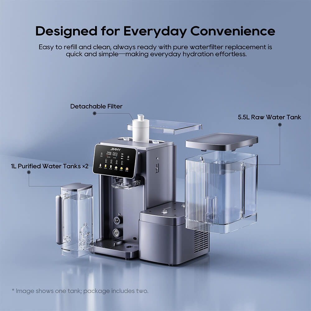 Purificateur d'eau intelligent &agrave; osmose inverse JIMMY R9 Pro, &agrave; poser sur le comptoir&nbsp;: filtration en 7 &eacute;tapes, st&eacute;rilisation UV, r&eacute;servoir de 5,5&nbsp;L et deux carafes de 1&nbsp;L, eau chaude et froide instantan&eacute;es, &eacute;cran tactile LED.
