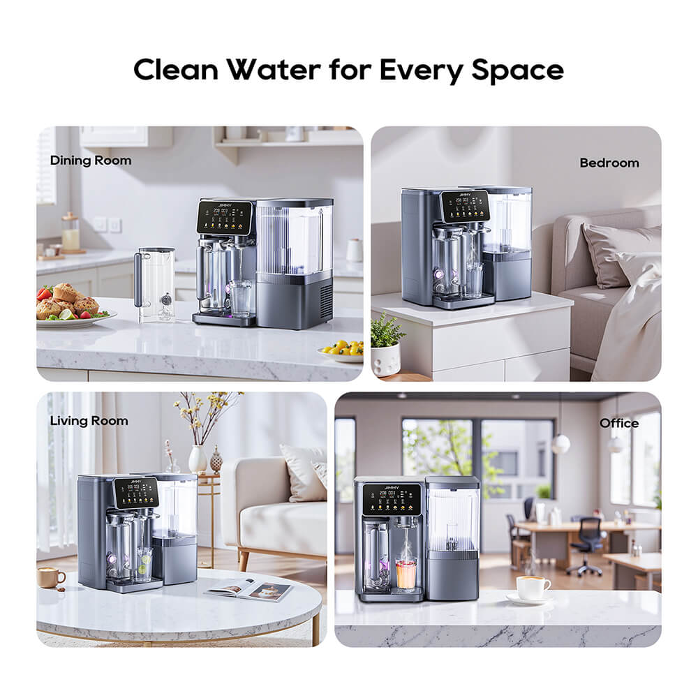 Purificateur d'eau intelligent &agrave; osmose inverse JIMMY R9 Pro, &agrave; poser sur le comptoir&nbsp;: filtration en 7 &eacute;tapes, st&eacute;rilisation UV, r&eacute;servoir de 5,5&nbsp;L et deux carafes de 1&nbsp;L, eau chaude et froide instantan&eacute;es, &eacute;cran tactile LED.