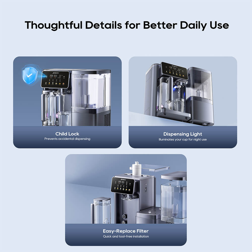 Purificateur d'eau intelligent &agrave; osmose inverse JIMMY R9 Pro, &agrave; poser sur le comptoir&nbsp;: filtration en 7 &eacute;tapes, st&eacute;rilisation UV, r&eacute;servoir de 5,5&nbsp;L et deux carafes de 1&nbsp;L, eau chaude et froide instantan&eacute;es, &eacute;cran tactile LED.