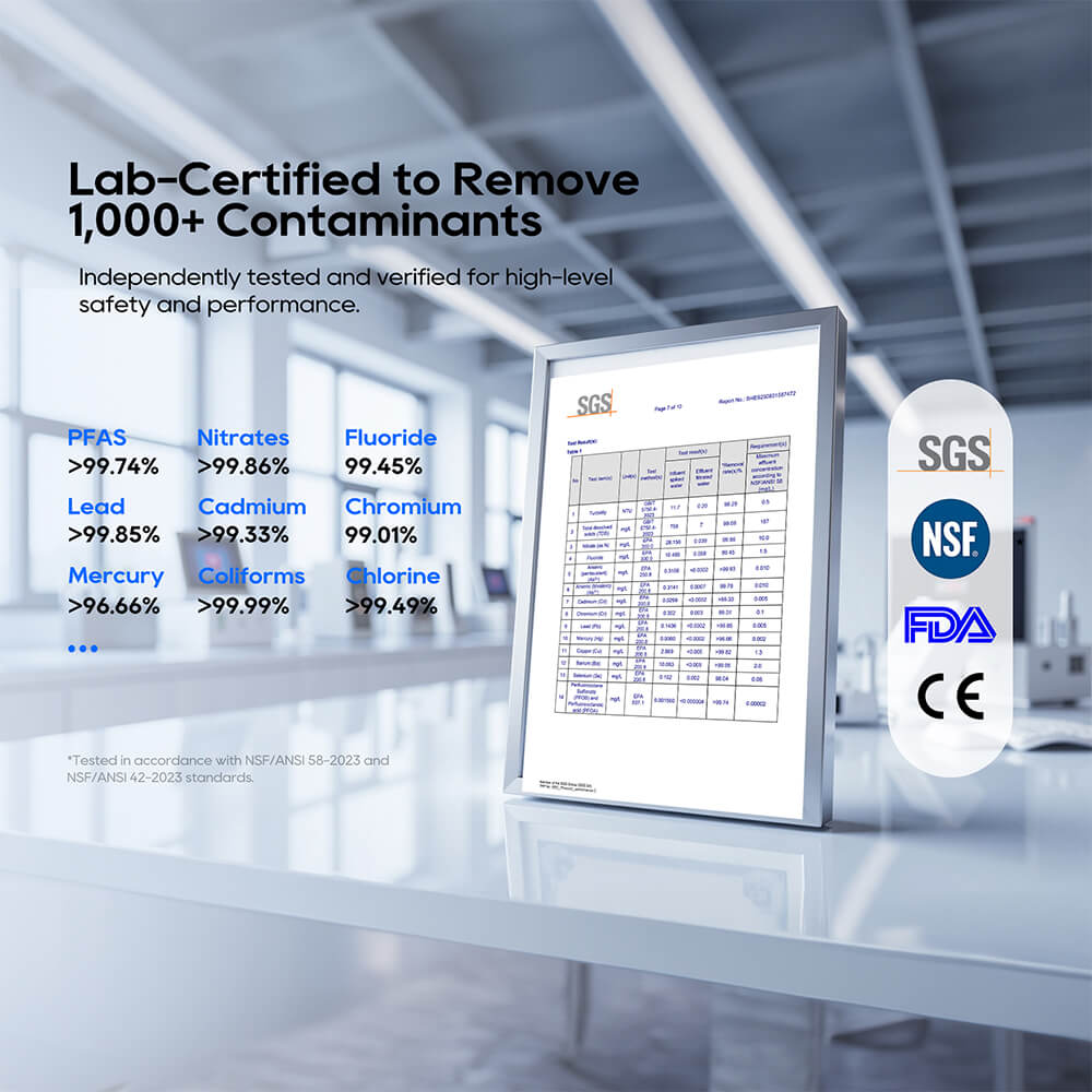 Purificateur d'eau intelligent &agrave; osmose inverse JIMMY R9 Pro, &agrave; poser sur le comptoir&nbsp;: filtration en 7 &eacute;tapes, st&eacute;rilisation UV, r&eacute;servoir de 5,5&nbsp;L et deux carafes de 1&nbsp;L, eau chaude et froide instantan&eacute;es, &eacute;cran tactile LED.