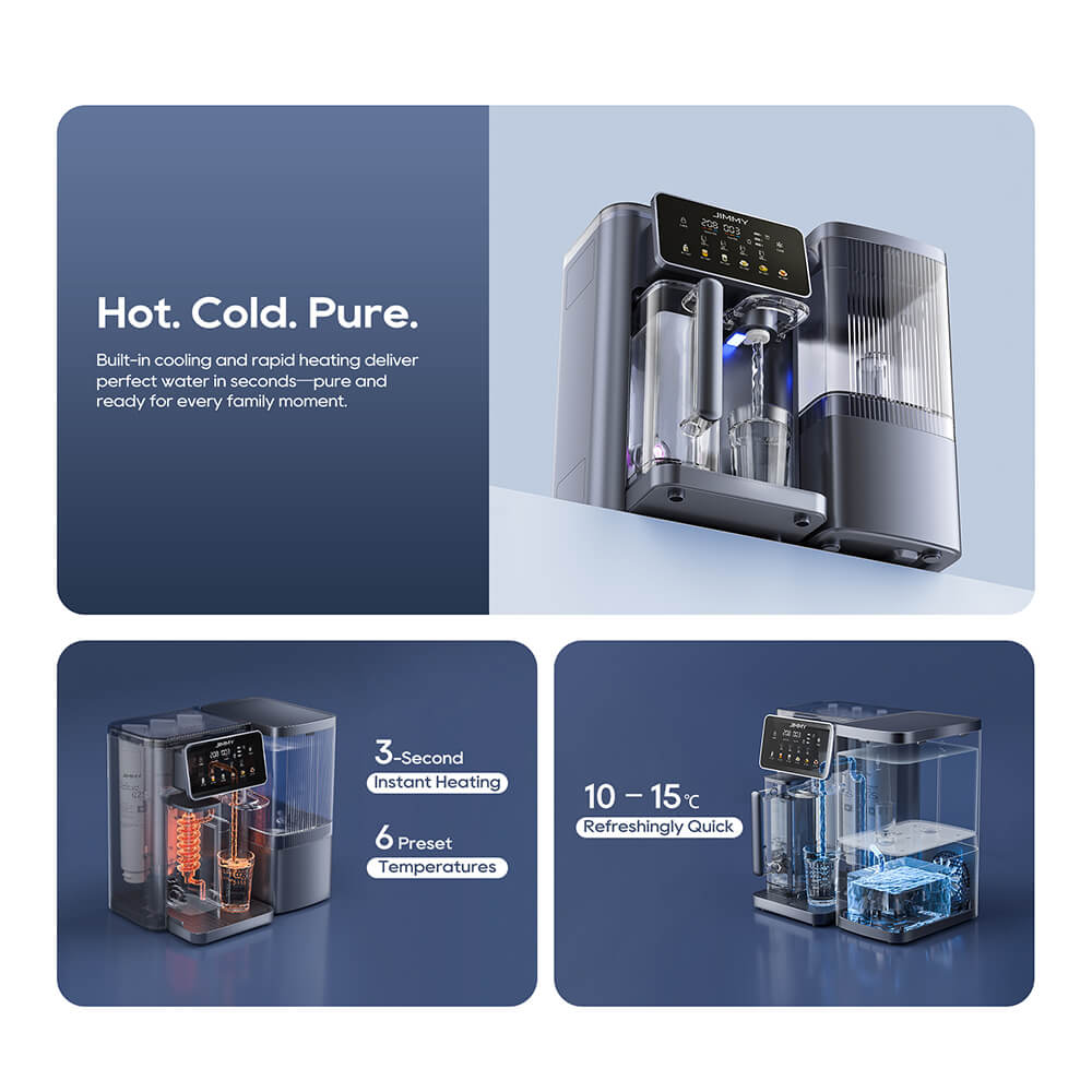 Purificateur d'eau intelligent &agrave; osmose inverse JIMMY R9 Pro, &agrave; poser sur le comptoir&nbsp;: filtration en 7 &eacute;tapes, st&eacute;rilisation UV, r&eacute;servoir de 5,5&nbsp;L et deux carafes de 1&nbsp;L, eau chaude et froide instantan&eacute;es, &eacute;cran tactile LED.