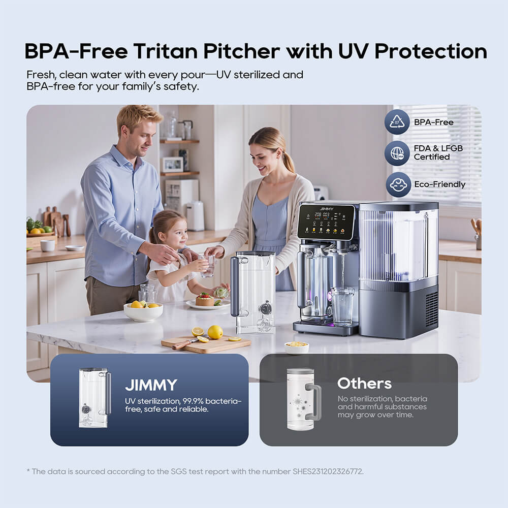 Purificateur d'eau intelligent &agrave; osmose inverse JIMMY R9 Pro, &agrave; poser sur le comptoir&nbsp;: filtration en 7 &eacute;tapes, st&eacute;rilisation UV, r&eacute;servoir de 5,5&nbsp;L et deux carafes de 1&nbsp;L, eau chaude et froide instantan&eacute;es, &eacute;cran tactile LED.