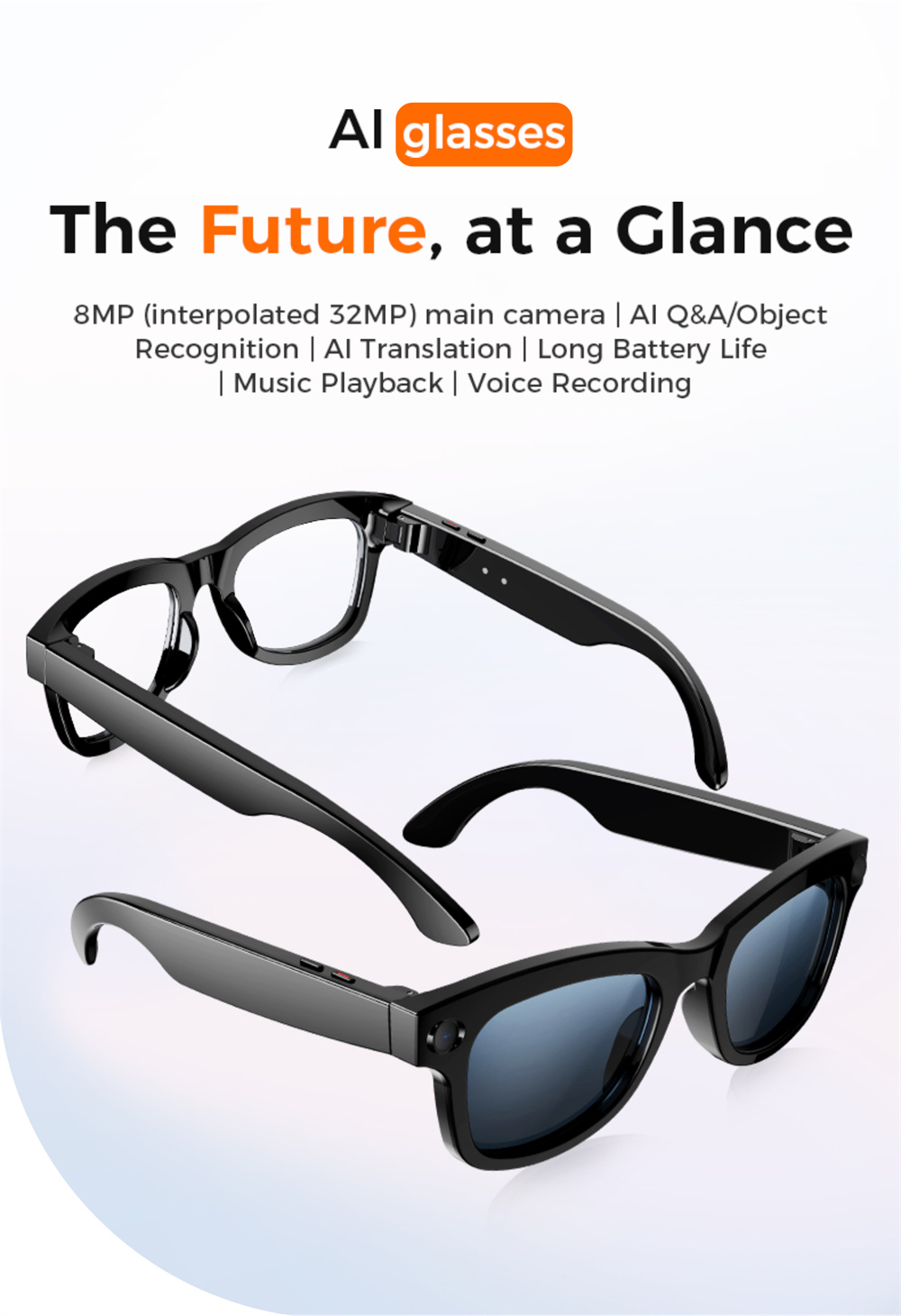 LOKMAT AI Smart Glasses, 8MP Camera, Al Translation, Music Playback