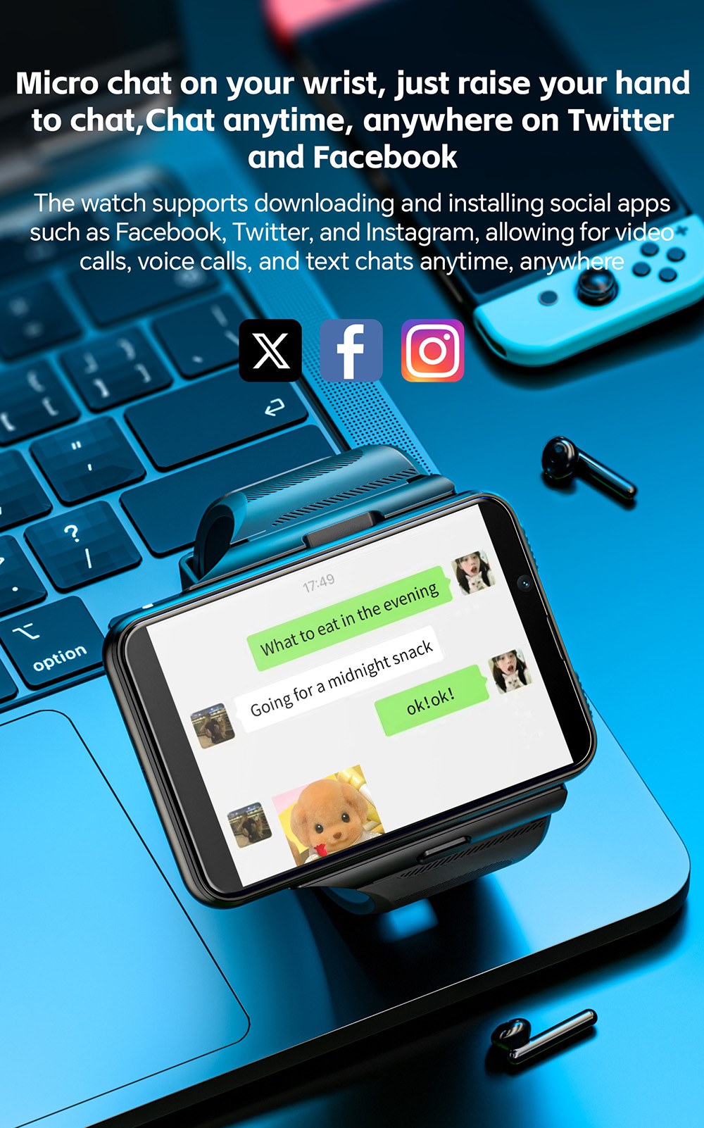 LOKMAT APPLLP MAX Smartwatch, 2.88 inch Screen, 4G/5G Network, Android 11, Heart Rate Monitoring, 1500mAh Battery - Black