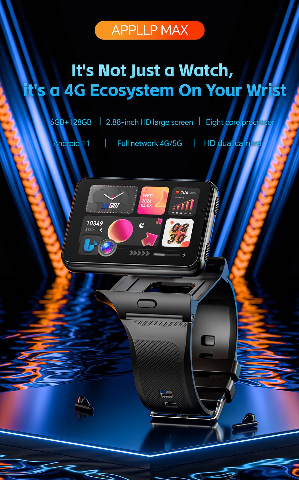 LOKMAT APPLLP MAX Smartwatch, 2.88 inch Screen, 4G/5G Network, Android 11, Heart Rate Monitoring, 1500mAh Battery - Silver