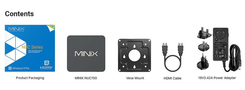 Mini PC MINIX NUC 150, processeur Intel N150 quadric&oelig;ur jusqu'&agrave; 3,6 GHz, 16 Go de RAM, SSD de 512 Go, triple affichage (2 HDMI + 1 USB-C), Wi-Fi 6, Bluetooth 5.0, 3 ports USB-A 3.2 Gen2, 1 port USB-C 3.2 Gen2 (donn&eacute;es), 1 port USB-A 2.0, 1 port RJ45, 1 prise audio (prises EU/UK/US).