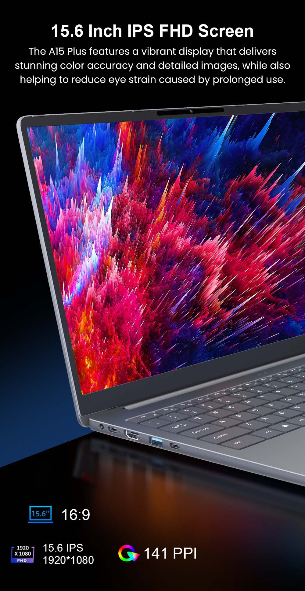 Ordinateur portable Ninkear A15 Plus, &eacute;cran 15,6 pouces 1920 x 1080 60 Hz, processeur AMD Ryzen 7 5825U 8 c&oelig;urs jusqu'&agrave; 4,5 GHz, 16 Go de RAM, SSD 1 To, Wi-Fi 6, Bluetooth 5.2, d&eacute;verrouillage par empreinte digitale, batterie 5500 mAh, 2 ports USB-C, 2 ports USB 3.0, 1 port USB 2.0, 1 port HDMI, 1 lecteur de carte microSD, 1 prise casque