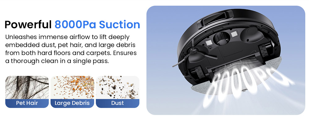 Proscenic Q10 Saugroboter mit Wischfunktion, 8000Pa Starke Saugkraft, 360&deg; LIDAR-Navigation, 200 Minuten Laufzeit, Automatisches Aufladen & Wiederaufnahme, APP/Fernbedienung/Sprachsteuerung f&uuml;r Tierhaare & Gro&szlig;e H&auml;user