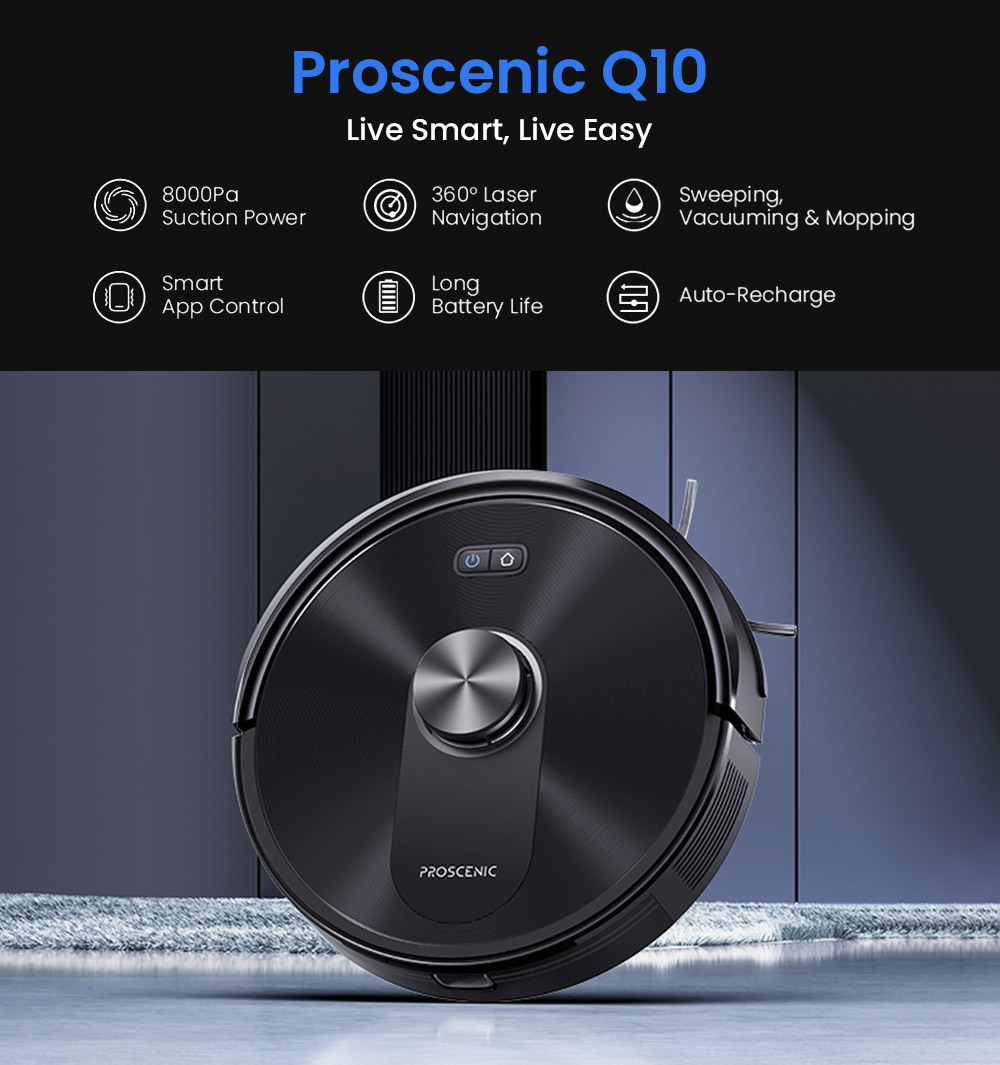 Proscenic Q10 Robot Vacuum Cleaner with Mop, 8000Pa Strong Suction, 360&deg; LIDAR Navigation, 200-Min Runtime, Auto-Recharge & Resume, APP/Remote/Voice Control for Pet Hair & Large Homes