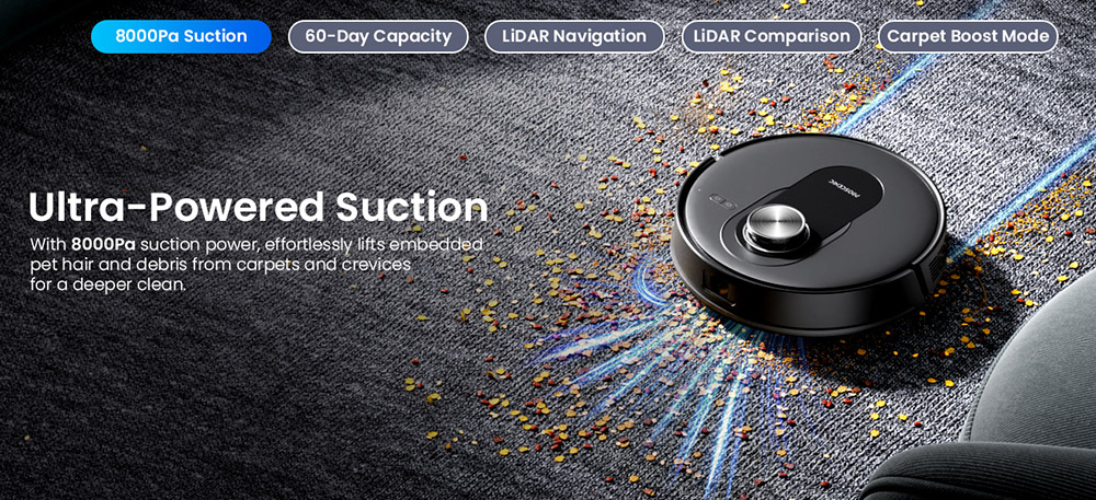 Robotický vysávač a mop Proscenic Q8 Max+, sací výkon 8000 Pa, doba prevádzky 200 min, batéria 3200 mAh, 60-dňová automatická prevádzka, 3l vrecko na prach, navigácia LDS LiDAR, mapovanie viacerých podláh, ovládanie pomocou aplikácie a hlasu