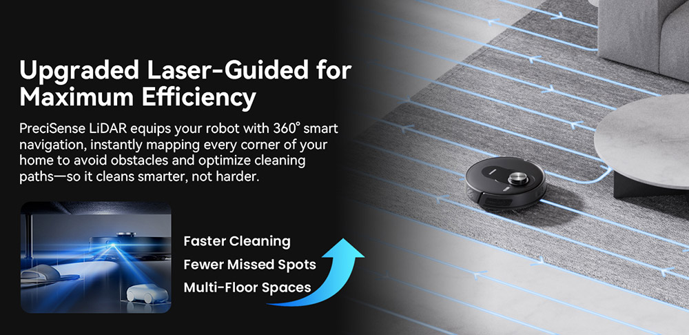 Robotický vysávač a mop Proscenic Q8 Max+, sací výkon 8000 Pa, doba prevádzky 200 min, batéria 3200 mAh, 60-dňová automatická prevádzka, 3l vrecko na prach, navigácia LDS LiDAR, mapovanie viacerých podláh, ovládanie pomocou aplikácie a hlasu