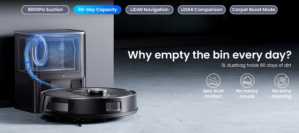 Robotický vysávač a mop Proscenic Q8 Max+, sací výkon 8000 Pa, doba prevádzky 200 min, batéria 3200 mAh, 60-dňová automatická prevádzka, 3l vrecko na prach, navigácia LDS LiDAR, mapovanie viacerých podláh, ovládanie pomocou aplikácie a hlasu