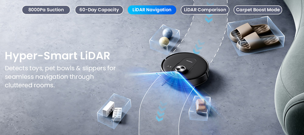 Robotický vysávač a mop Proscenic Q8 Max+, sací výkon 8000 Pa, doba prevádzky 200 min, batéria 3200 mAh, 60-dňová automatická prevádzka, 3l vrecko na prach, navigácia LDS LiDAR, mapovanie viacerých podláh, ovládanie pomocou aplikácie a hlasu