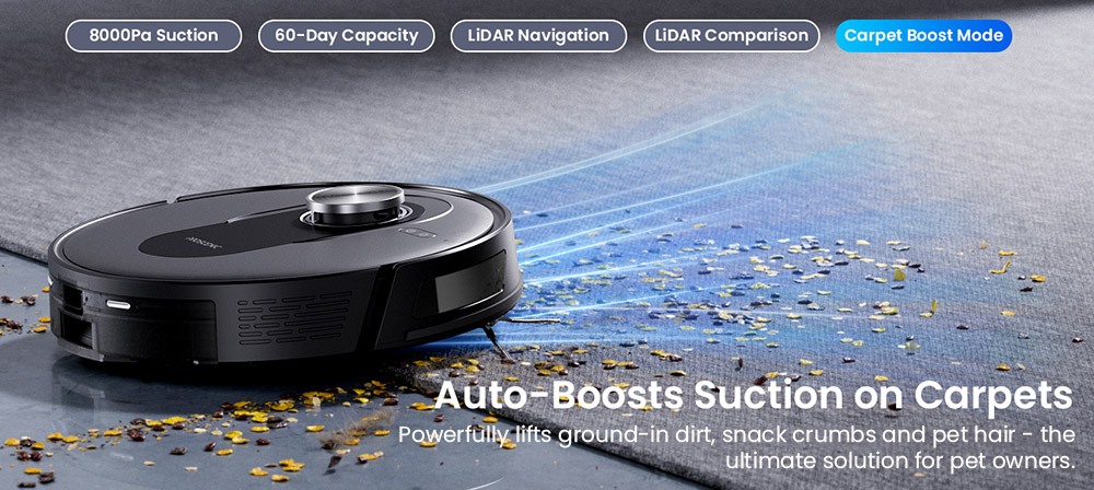 Robotický vysávač a mop Proscenic Q8 Max+, sací výkon 8000 Pa, doba prevádzky 200 min, batéria 3200 mAh, 60-dňová automatická prevádzka, 3l vrecko na prach, navigácia LDS LiDAR, mapovanie viacerých podláh, ovládanie pomocou aplikácie a hlasu