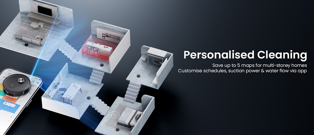 Robotický vysávač a mop Proscenic Q8 Max+, sací výkon 8000 Pa, doba prevádzky 200 min, batéria 3200 mAh, 60-dňová automatická prevádzka, 3l vrecko na prach, navigácia LDS LiDAR, mapovanie viacerých podláh, ovládanie pomocou aplikácie a hlasu