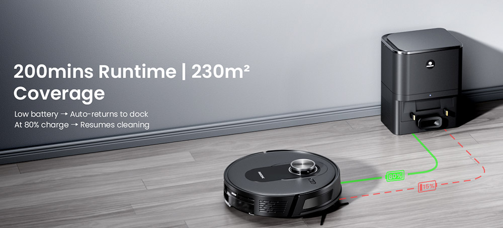 Robotický vysávač a mop Proscenic Q8 Max+, sací výkon 8000 Pa, doba prevádzky 200 min, batéria 3200 mAh, 60-dňová automatická prevádzka, 3l vrecko na prach, navigácia LDS LiDAR, mapovanie viacerých podláh, ovládanie pomocou aplikácie a hlasu