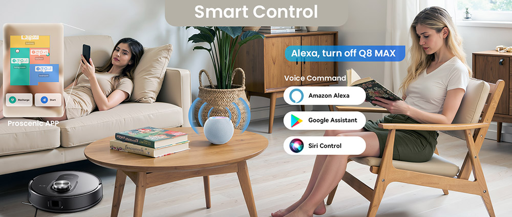 Robotický vysávač a mop Proscenic Q8 Max+, sací výkon 8000 Pa, doba prevádzky 200 min, batéria 3200 mAh, 60-dňová automatická prevádzka, 3l vrecko na prach, navigácia LDS LiDAR, mapovanie viacerých podláh, ovládanie pomocou aplikácie a hlasu