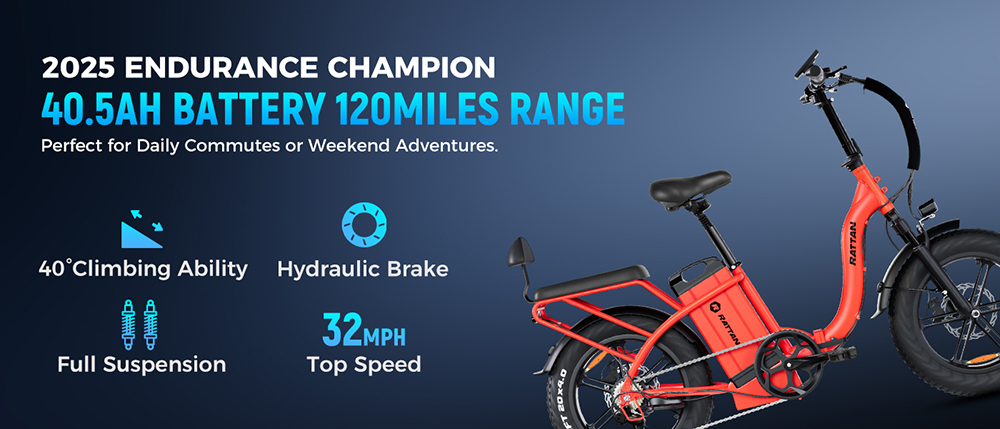 RATTAN LF Ultra Electric Bike, 1000W motor, 48V 40.5Ah batéria, 20*4 palcové pneumatiky, max. rýchlosť 50km/h, max. dojazd 190km, hydraulické brzdy, plné odpruženie, farebný displej - červený