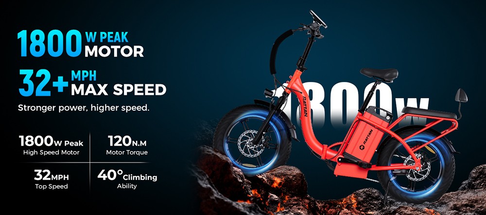 RATTAN LM Ultra Electric Bike, 1000W Motor, 48V 40.5Ah Battery, 20*4 inch Tires, 50km/h Max Speed, 190km Max Range, Hydraulic Brake, Full Suspension, Color Display - Black