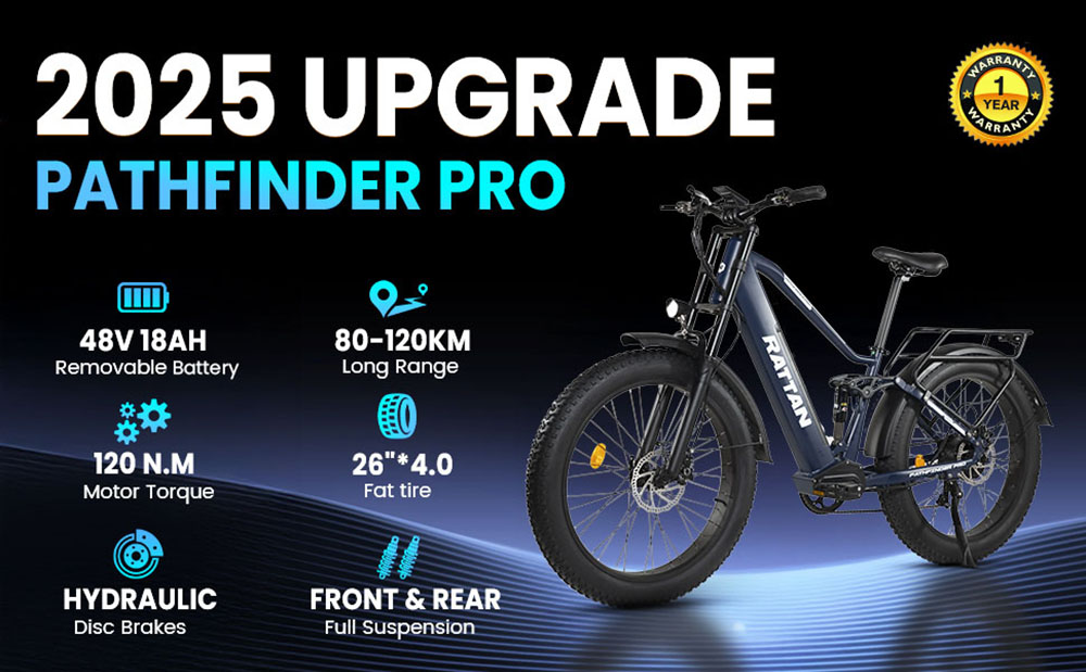 Elektrobicykel RATTAN PATHEINDER PRO, 750W motor, 48V 18Ah batéria, 26*4 palcové pneumatiky, max. rýchlosť 25 km/h, dojazd 120 km, hydraulické kotúčové brzdy, predné & zadné celoodpružené, 7-rýchlostný - modrý