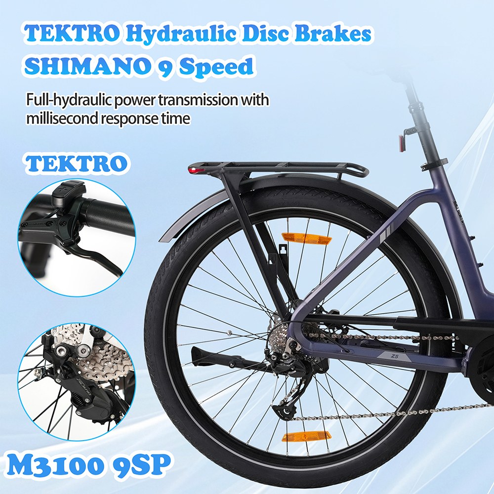 Elektrobicykel TTGO Z5, 250W motor, 36V 18Ah batéria, 27.5 palcové pneumatiky, max. rýchlosť 25 km/h, max. dojazd 130 km, hydraulické kotúčové brzdy, trojitý systém tlmenia nárazov, 9-rýchlostný systém Shimano - modrý