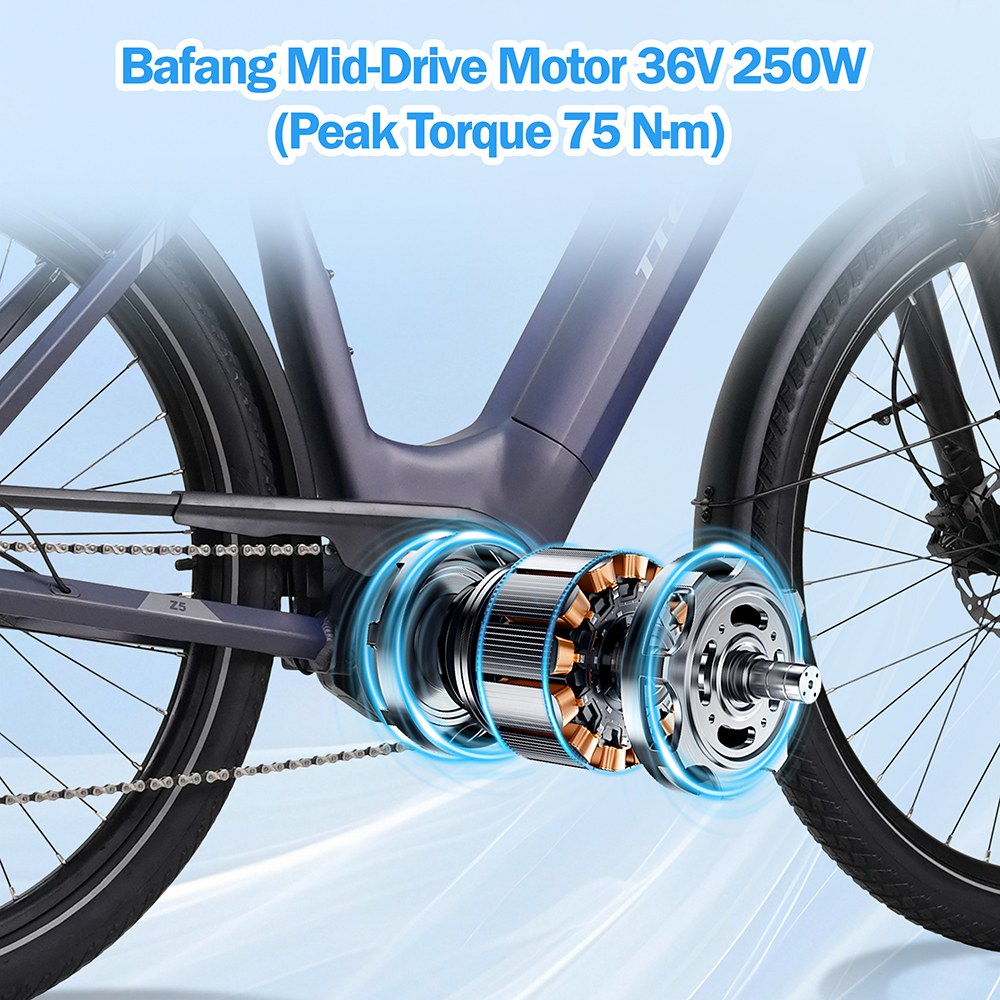 Elektrobicykel TTGO Z5, 250W motor, 36V 18Ah batéria, 27.5 palcové pneumatiky, max. rýchlosť 25 km/h, max. dojazd 130 km, hydraulické kotúčové brzdy, trojitý systém tlmenia nárazov, 9-rýchlostný systém Shimano - modrý