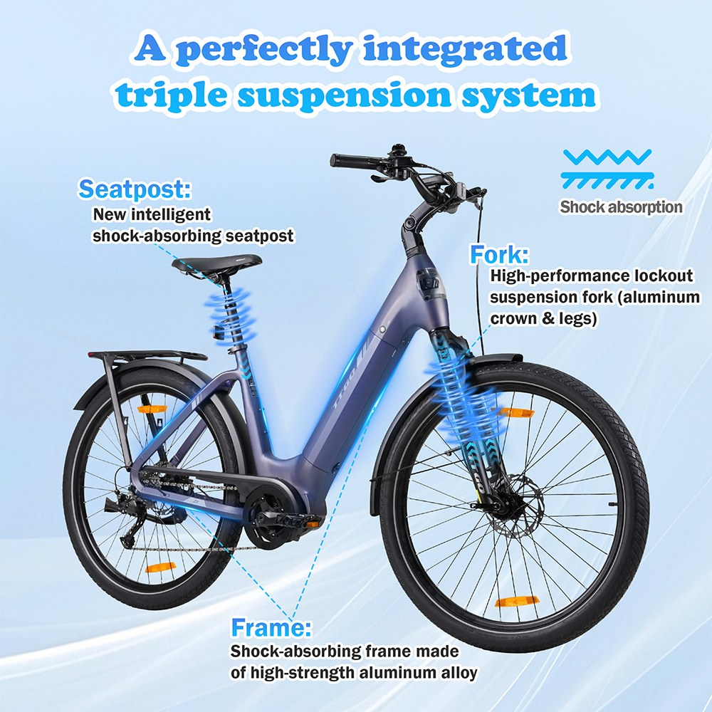 TTGO Z5 Electric Bike, 250W Motor, 36V 18Ah Battery, 27.5 palcové pneumatiky, max. rýchlosť 25 km/h, max. dojazd 130 km, hydraulické kotúčové brzdy, trojitý systém tlmenia nárazov, 9-rýchlostný systém Shimano - modrý