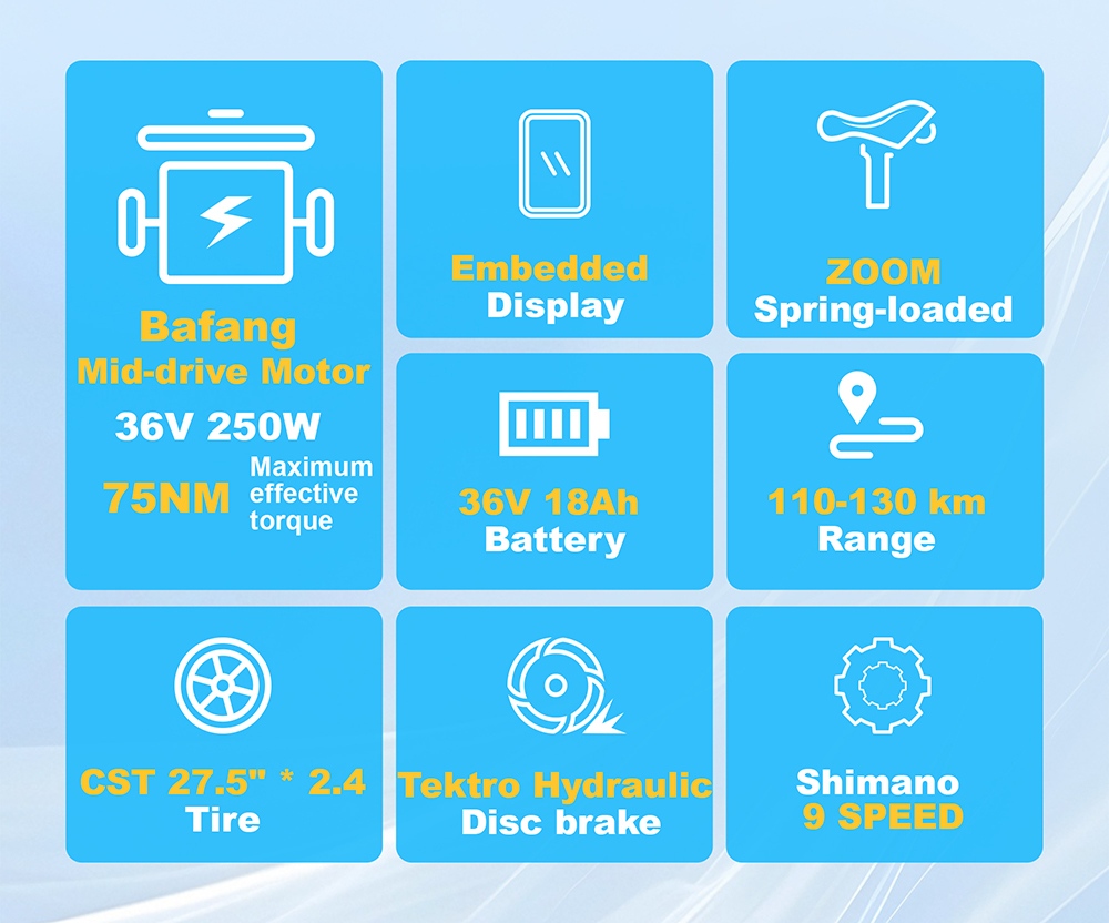 Elektrobicykel TTGO Z5, 250W motor, 36V 18Ah batéria, 27.5 palcové pneumatiky, max. rýchlosť 25 km/h, max. dojazd 130 km, hydraulické kotúčové brzdy, trojitý systém tlmenia nárazov, 9-rýchlostný systém Shimano - modrý