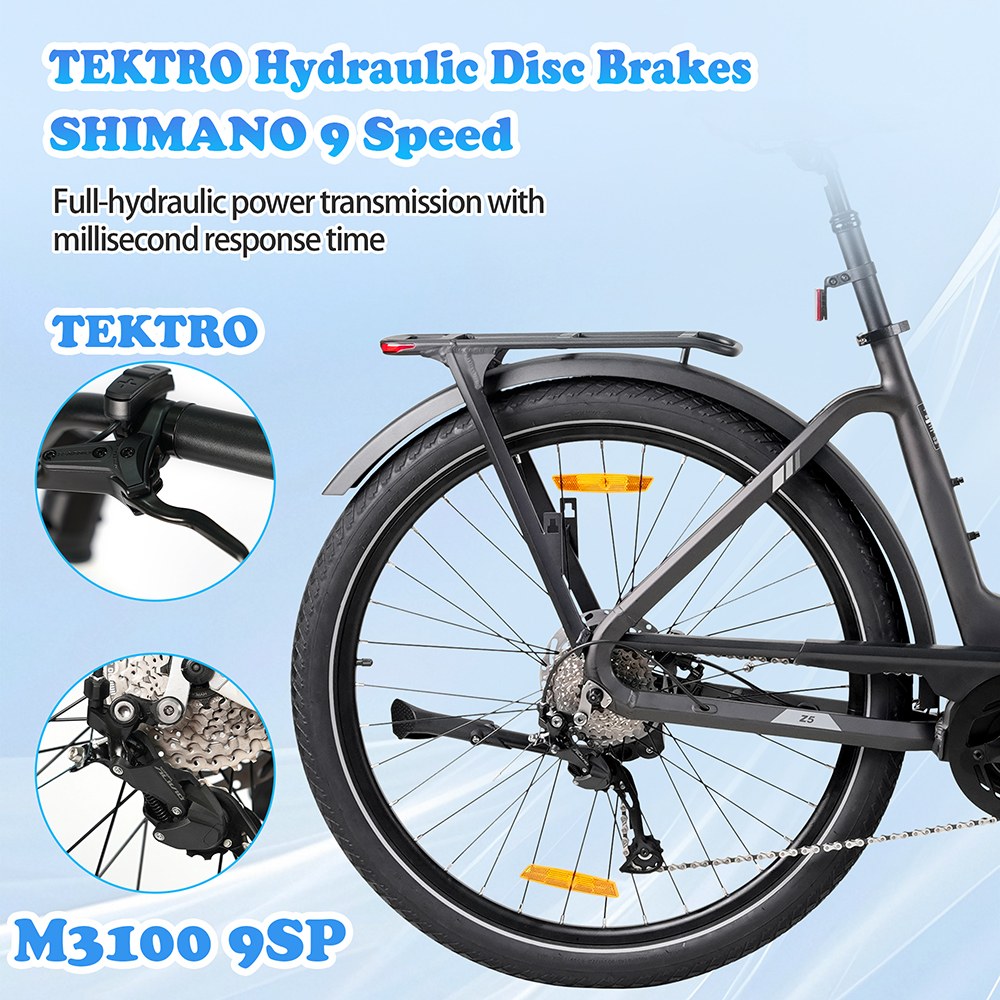 Elektrobicykel TTGO Z5, 250W motor, 36V 18Ah batéria, 27.5 palcové pneumatiky, max. rýchlosť 25 km/h, max. dojazd 130 km, hydraulické kotúčové brzdy, trojitý systém tlmenia nárazov, 9-rýchlostný systém Shimano - sivý