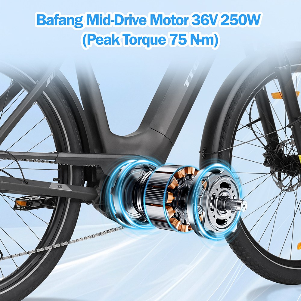 Elektrobicykel TTGO Z5, 250W motor, 36V 18Ah batéria, 27.5 palcové pneumatiky, max. rýchlosť 25 km/h, max. dojazd 130 km, hydraulické kotúčové brzdy, trojitý systém tlmenia nárazov, 9-rýchlostný systém Shimano - sivý