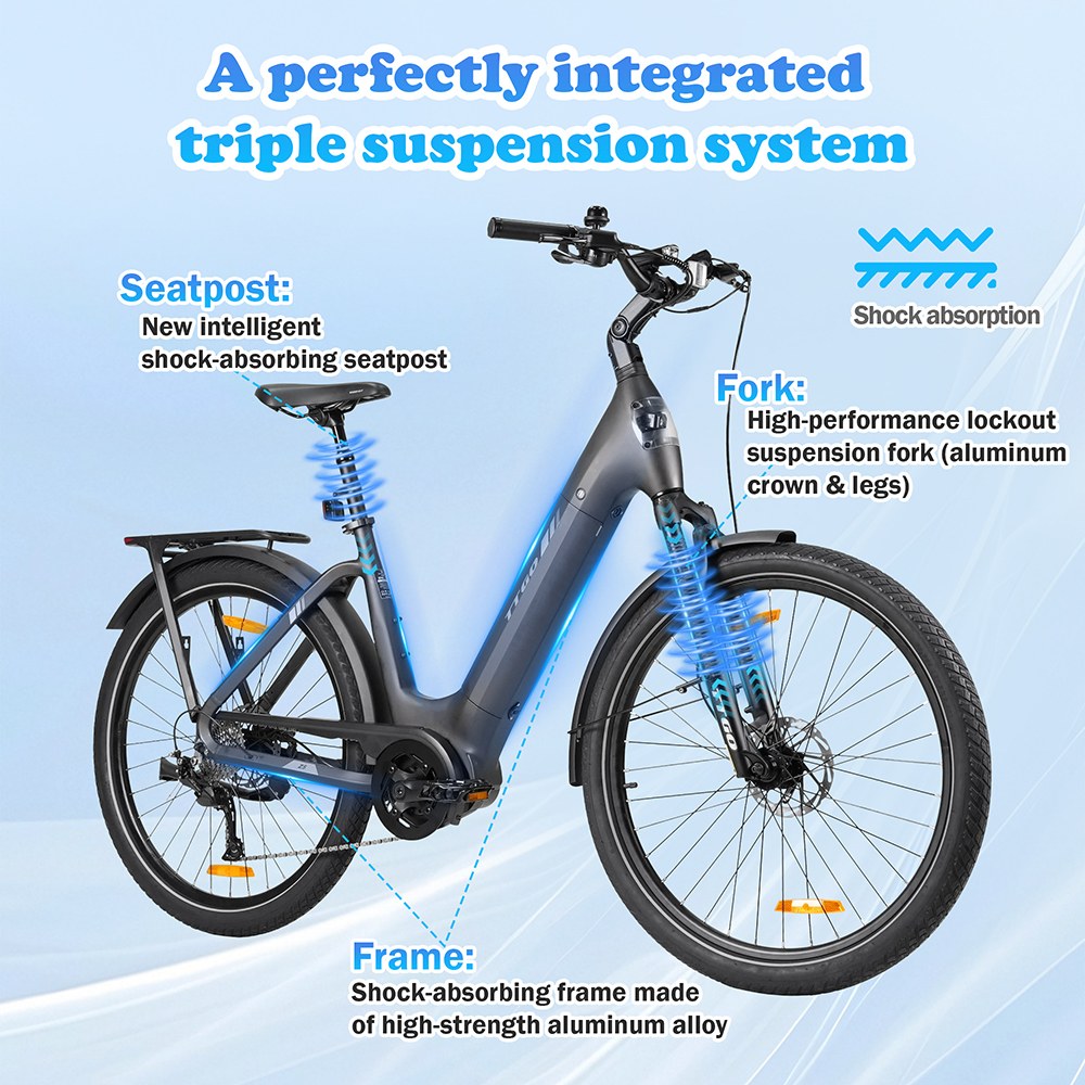 TTGO Z5 Electric Bike, 250W Motor, 36V 18Ah Battery, 27.5 palcové pneumatiky, max. rýchlosť 25 km/h, max. dojazd 130 km, hydraulické kotúčové brzdy, trojitý systém tlmenia nárazov, 9-rýchlostný systém Shimano - sivý
