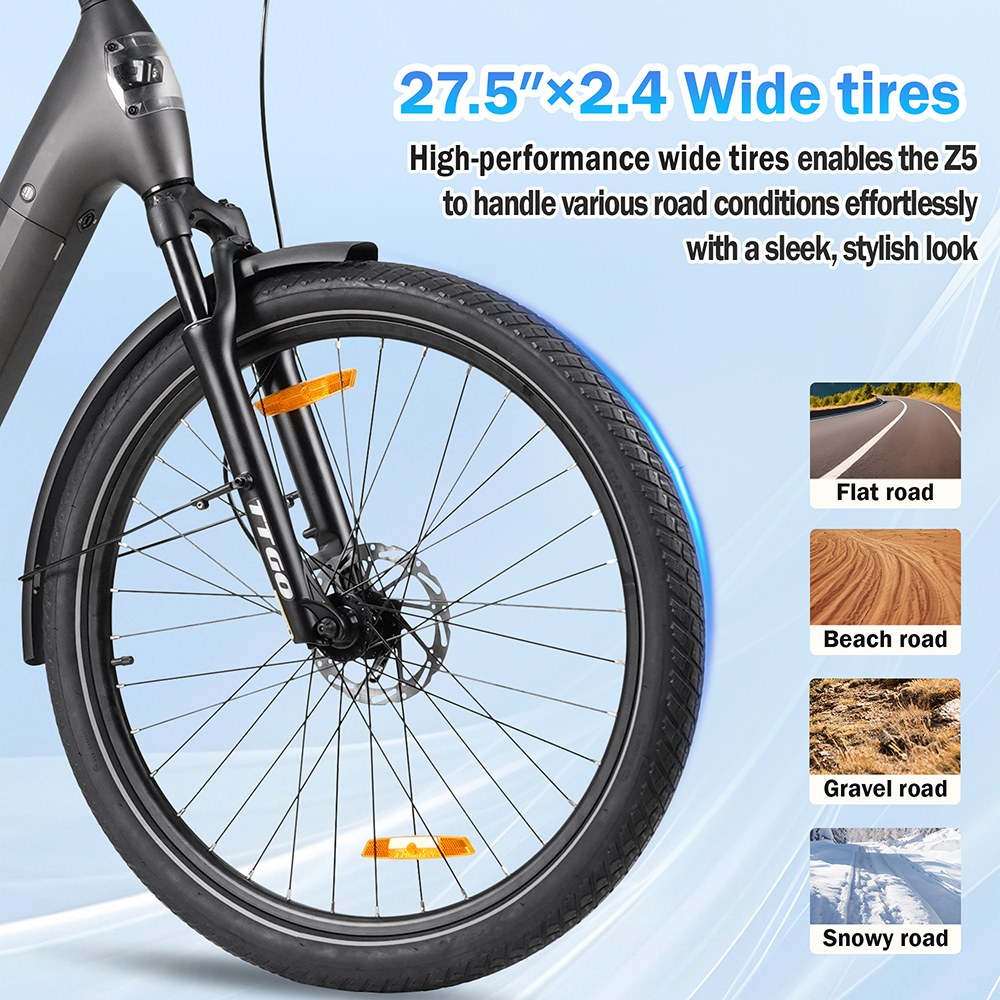 TTGO Z5 Electric Bike, 250W Motor, 36V 18Ah Battery, 27.5 palcové pneumatiky, max. rýchlosť 25 km/h, max. dojazd 130 km, hydraulické kotúčové brzdy, trojitý systém tlmenia nárazov, 9-rýchlostný systém Shimano - sivý