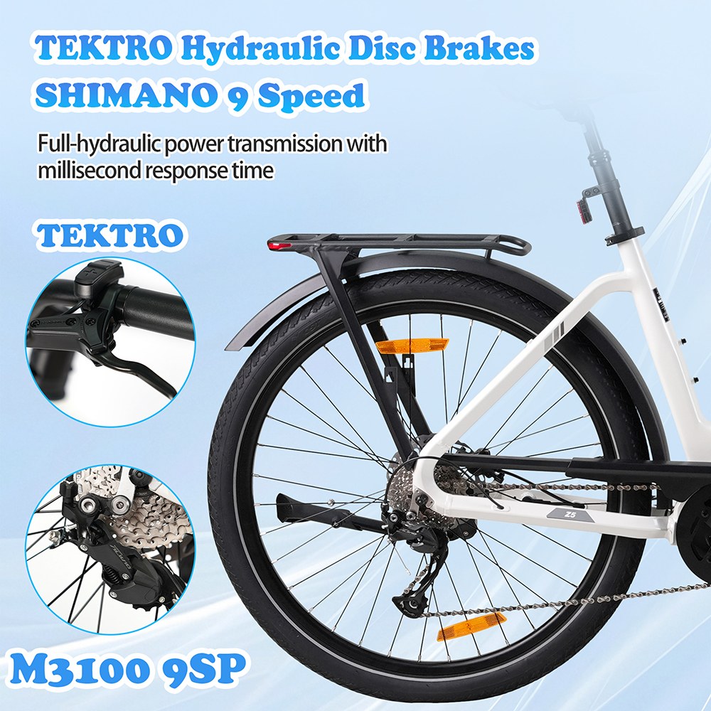 Elektrobicykel TTGO Z5, 250W motor, 36V 18Ah batéria, 27.5 palcové pneumatiky, max. rýchlosť 25 km/h, max. dojazd 130 km, hydraulické kotúčové brzdy, trojitý systém tlmenia nárazov, 9-rýchlostný systém Shimano - biely