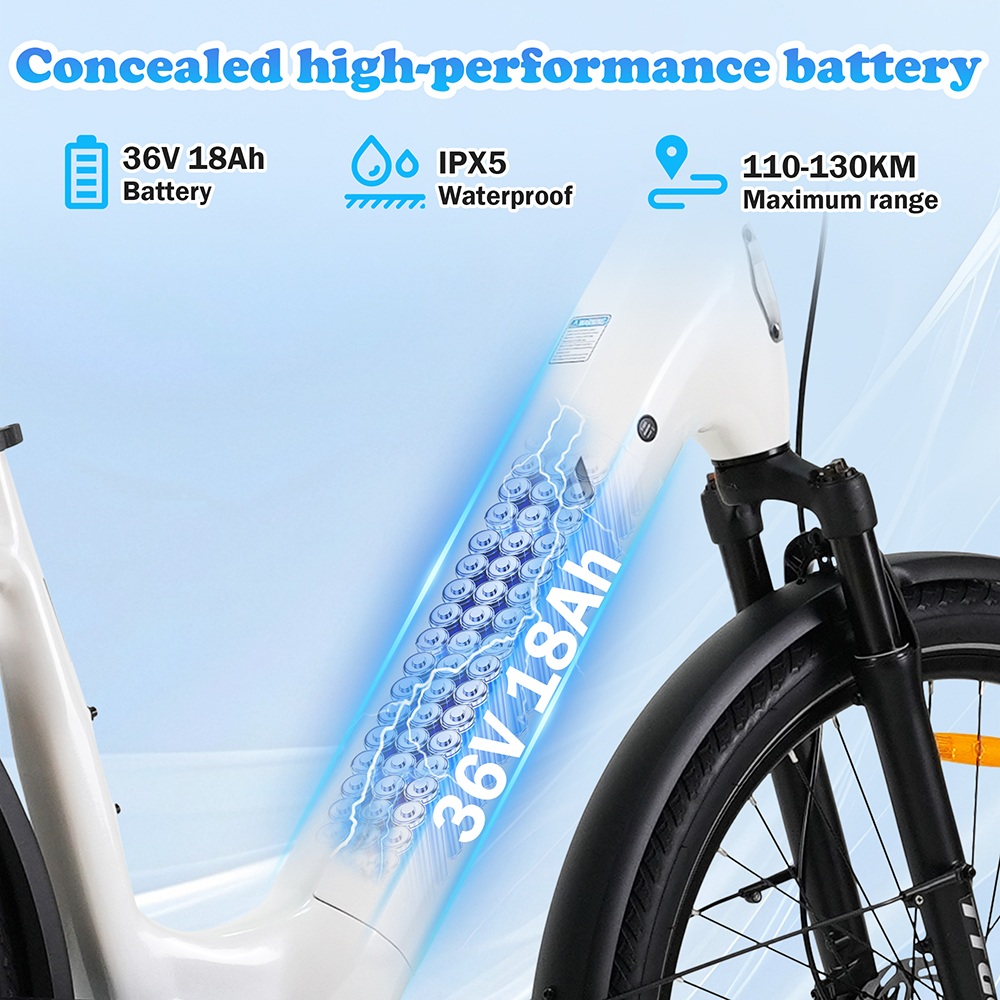 Elektrobicykel TTGO Z5, 250W motor, 36V 18Ah batéria, 27.5 palcové pneumatiky, max. rýchlosť 25 km/h, max. dojazd 130 km, hydraulické kotúčové brzdy, trojitý systém tlmenia nárazov, 9-rýchlostný systém Shimano - biely