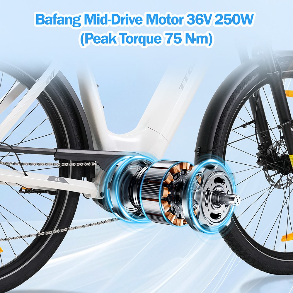 Elektrobicykel TTGO Z5, 250W motor, 36V 18Ah batéria, 27.5 palcové pneumatiky, max. rýchlosť 25 km/h, max. dojazd 130 km, hydraulické kotúčové brzdy, trojitý systém tlmenia nárazov, 9-rýchlostný systém Shimano - biely