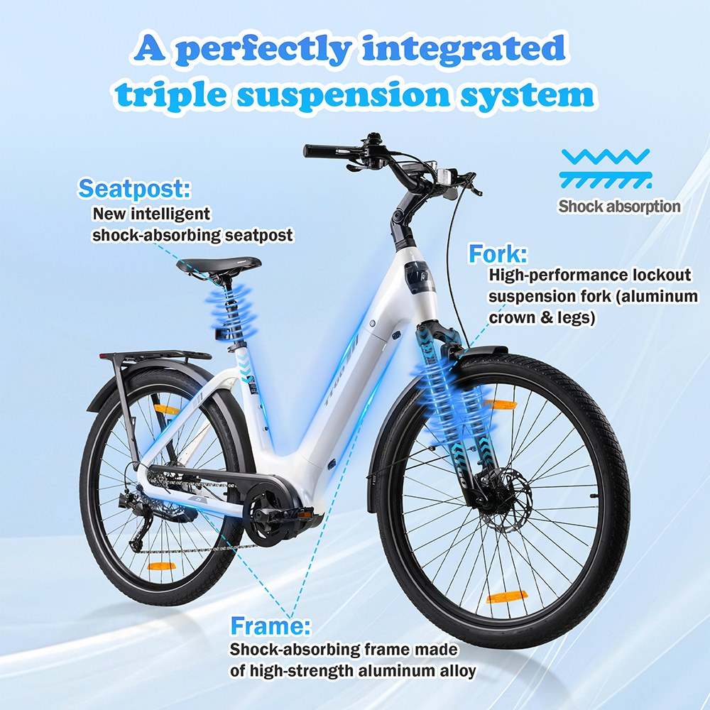 Elektrobicykel TTGO Z5, 250W motor, 36V 18Ah batéria, 27.5 palcové pneumatiky, max. rýchlosť 25 km/h, max. dojazd 130 km, hydraulické kotúčové brzdy, trojitý systém tlmenia nárazov, 9-rýchlostný systém Shimano - biely