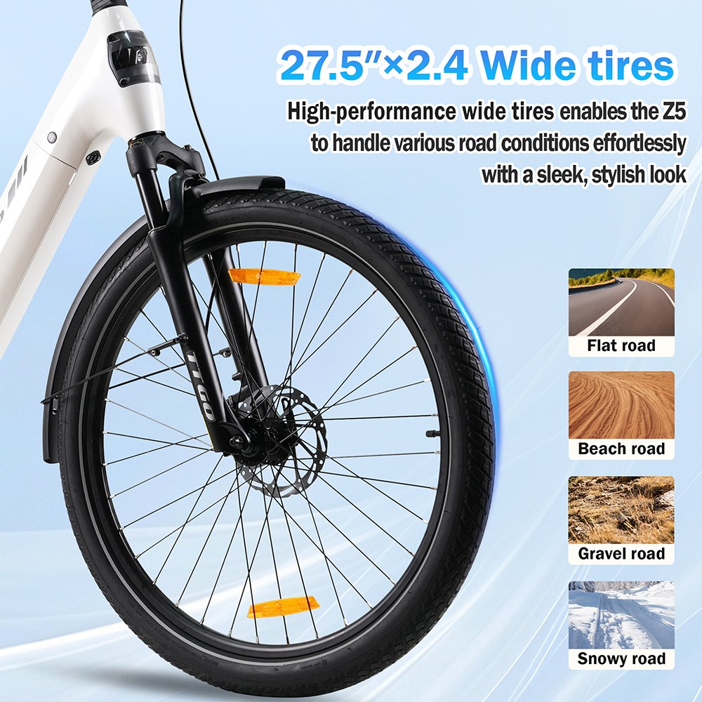 Elektrobicykel TTGO Z5, 250W motor, 36V 18Ah batéria, 27.5 palcové pneumatiky, max. rýchlosť 25 km/h, max. dojazd 130 km, hydraulické kotúčové brzdy, trojitý systém tlmenia nárazov, 9-rýchlostný systém Shimano - biely