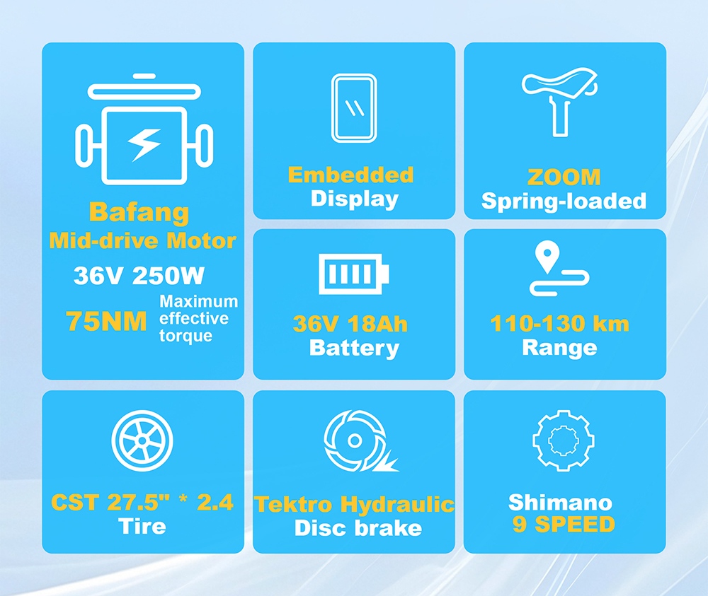 TTGO Z5 Electric Bike, 250W Motor, 36V 18Ah Battery, 27.5 palcové pneumatiky, max. rýchlosť 25 km/h, max. dojazd 130 km, hydraulické kotúčové brzdy, trojitý systém tlmenia nárazov, 9-rýchlostný systém Shimano - biely