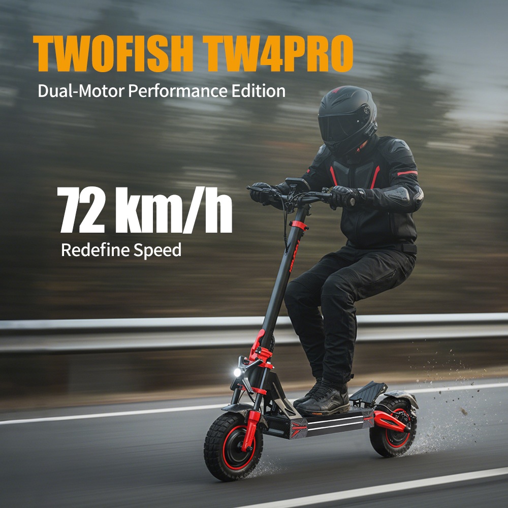 Elektrická kolobežka TWOFISH TW4 PRO, 1000W*2 motor, 60V 23Ah batéria, 11-palcové pneumatiky, max. rýchlosť 72 km/h, max. dojazd 60 km, dvojkotúčová brzda, predný & zadný pružinový systém odpruženia, odomykanie NFC
