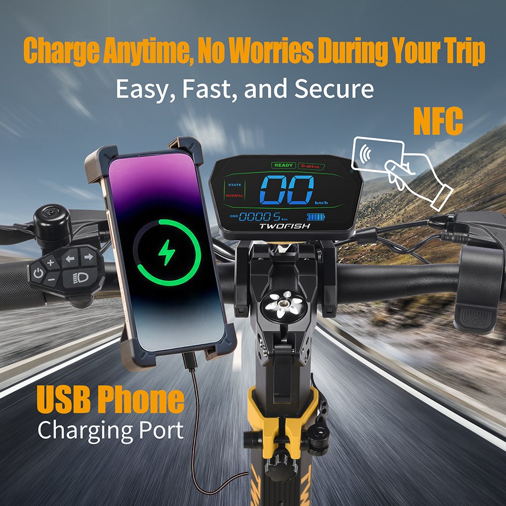 TWOFISH TW4 PRO Electric Scooter, 1000W*2 Motor, 60V 23Ah batéria, 11 palcové pneumatiky, max. rýchlosť 72km/h, max. dojazd 60km, dvojkotúčová brzda, predný & zadný pružinový systém odpruženia, NFC odomykanie