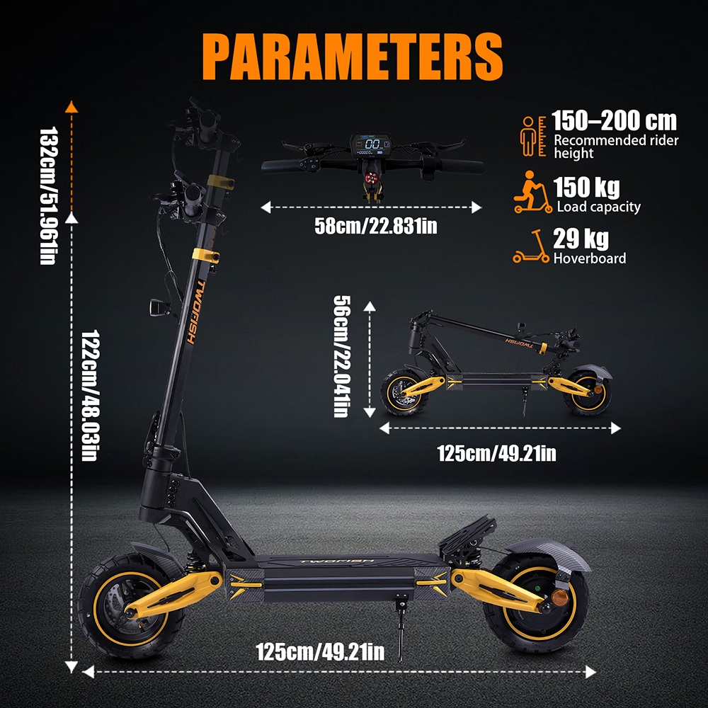 TWOFISH V2 MAX Electric Scooter, 600W Motor, 48V 17Ah Battery, 10 inch Tires, 53km/h Max Speed, 40km Range, Mechanical Disc Brakes, Spring Suspension, LCD Display